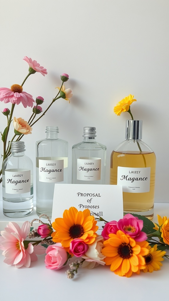 Bottles of customized fragrances with flowers and a proposal card.