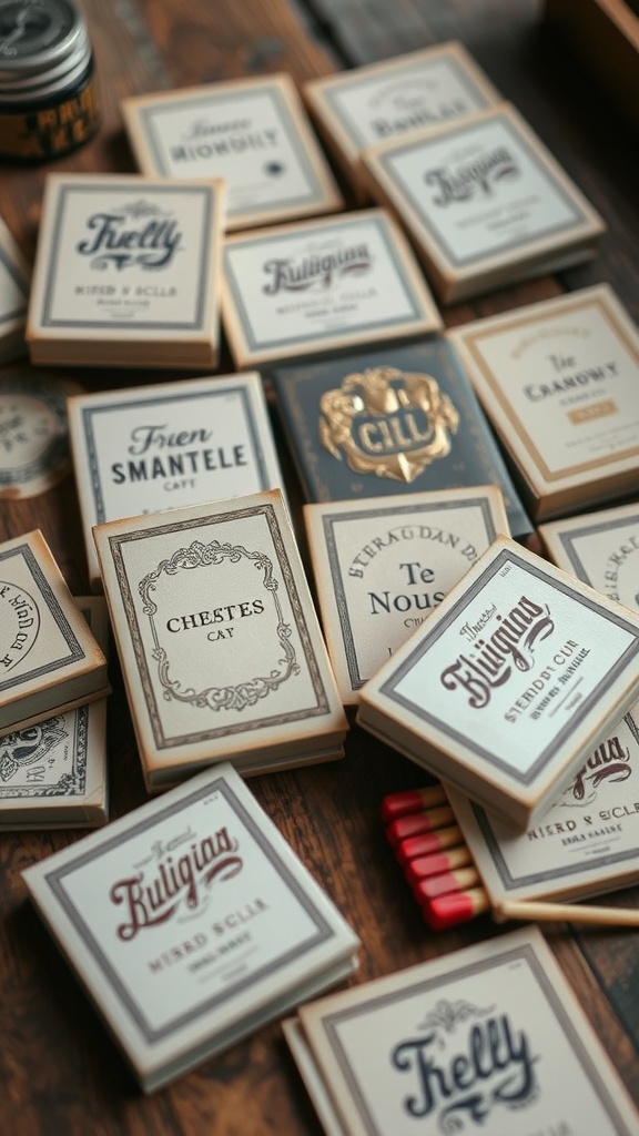 A variety of customized matchbooks with different designs and colors displayed on a wooden surface.