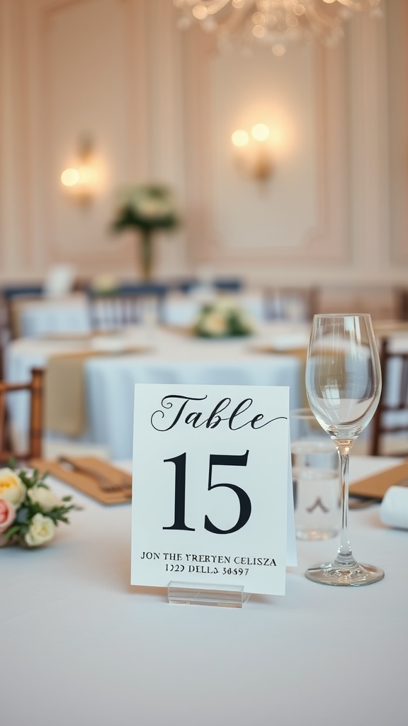 Wedding table decor with a customized table number 15, elegant glassware, and floral arrangements.