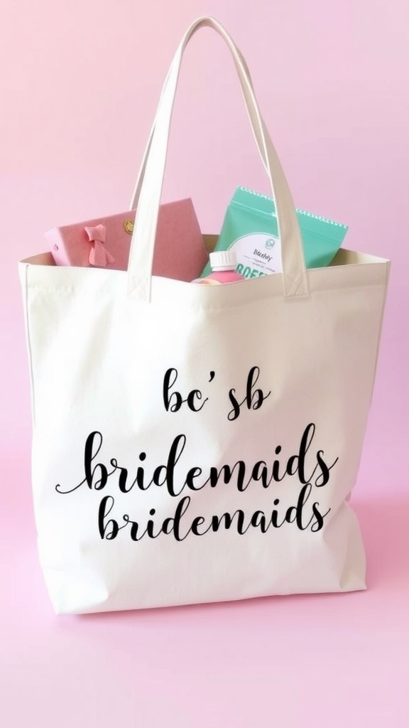 A customized tote bag with 'bridesmaids' printed on it, filled with gifts.