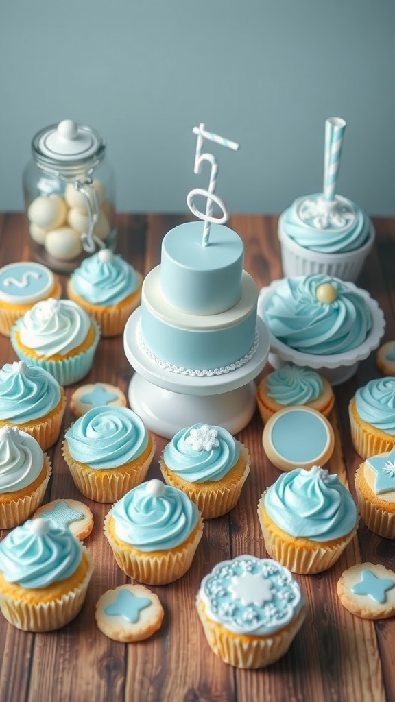 An assortment of baby blue desserts including cupcakes, a cake, and cookies on a wooden table.
