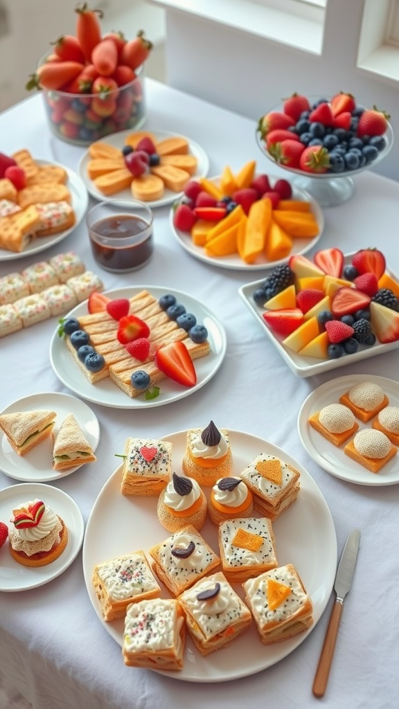 A variety of finger foods including fruits, pastries, and sandwiches on a table.
