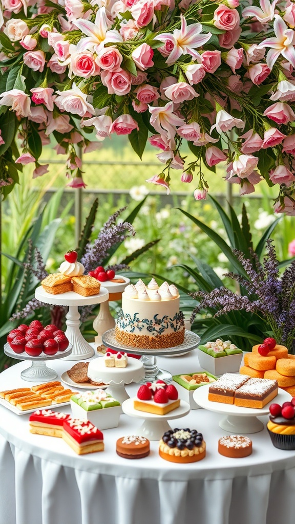 A beautifully arranged dessert table with a variety of cakes, pastries, and fresh strawberries, surrounded by vibrant flowers.