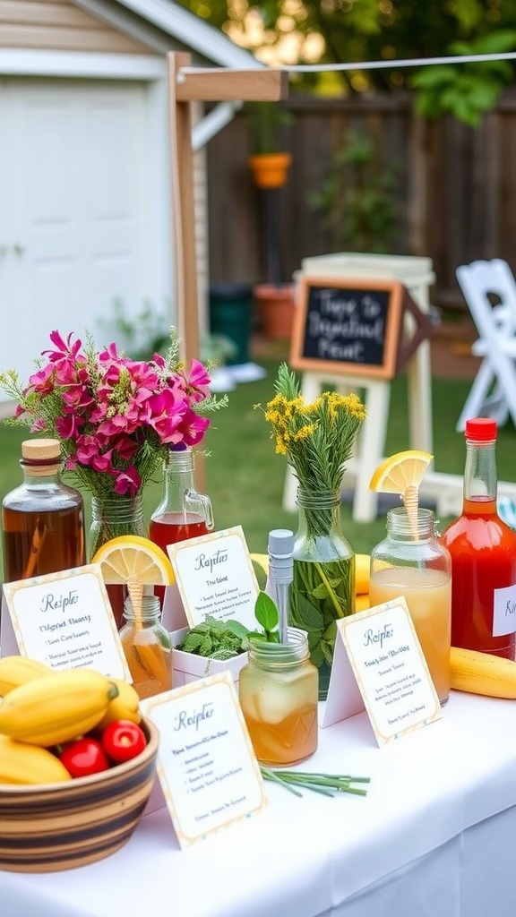 A colorful DIY cocktail station with fresh ingredients and drink recipes, perfect for a backyard wedding.