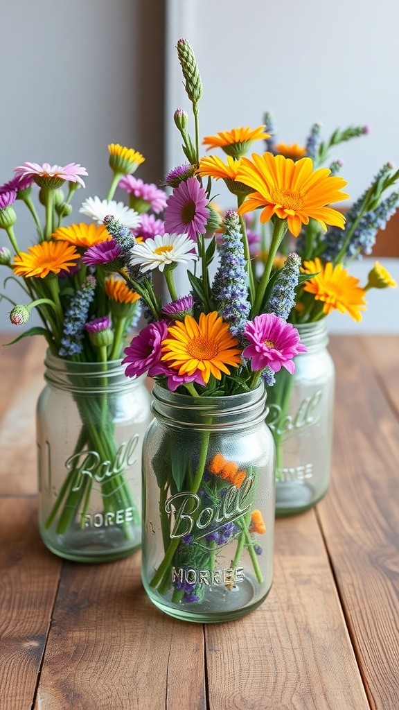 Colorful floral arrangements in mason jars on a wooden table