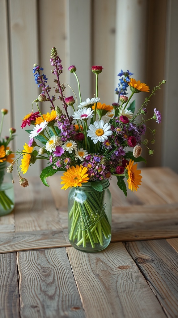 A colorful floral centerpiece in a mason jar filled with various flowers.