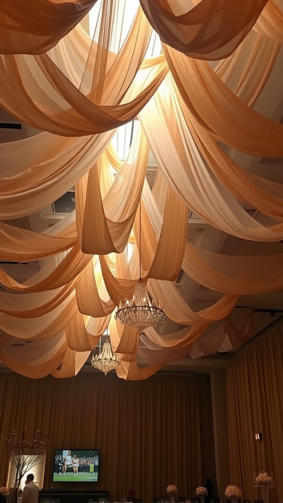 Draped fabrics in warm earth tones hanging from the ceiling with chandeliers.