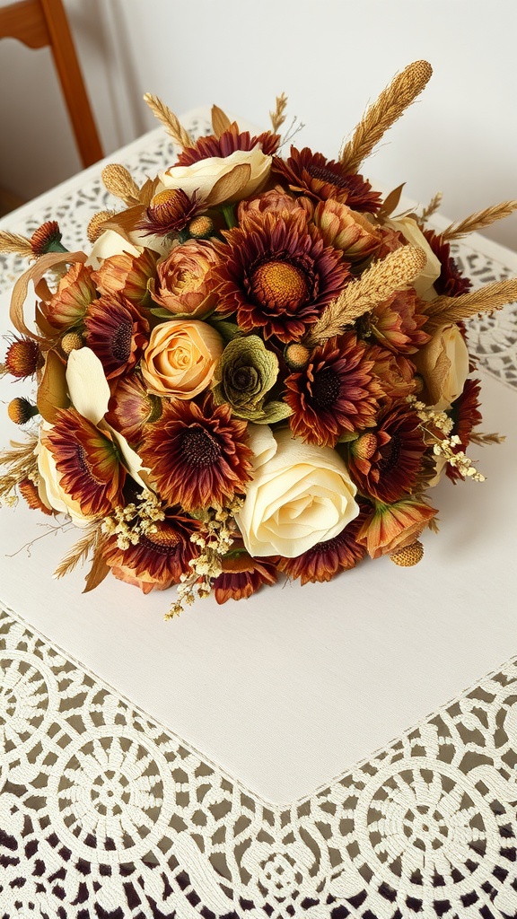 A beautiful dried flower bouquet featuring sunflowers, roses, and wheat on a lace tablecloth.