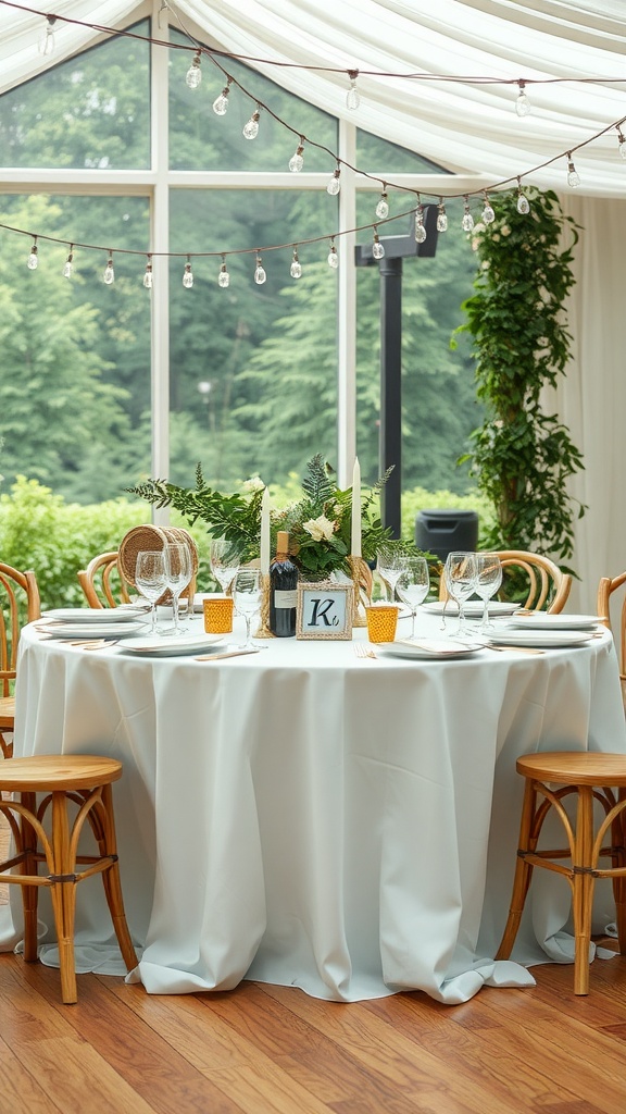 Wedding table decorated with recycled materials and greenery, featuring elegant glassware and hanging lights.