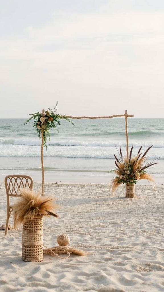 A simple beach wedding setup featuring a natural wood arch, floral arrangements in woven baskets, and a chair on the sandy beach.