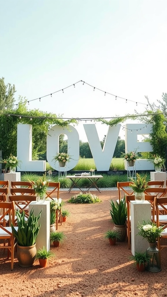 An outdoor wedding setup featuring a large 'LOVE' sign, decorated chairs, and potted plants