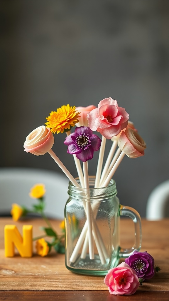 A variety of edible floral lollipops displayed in a jar.