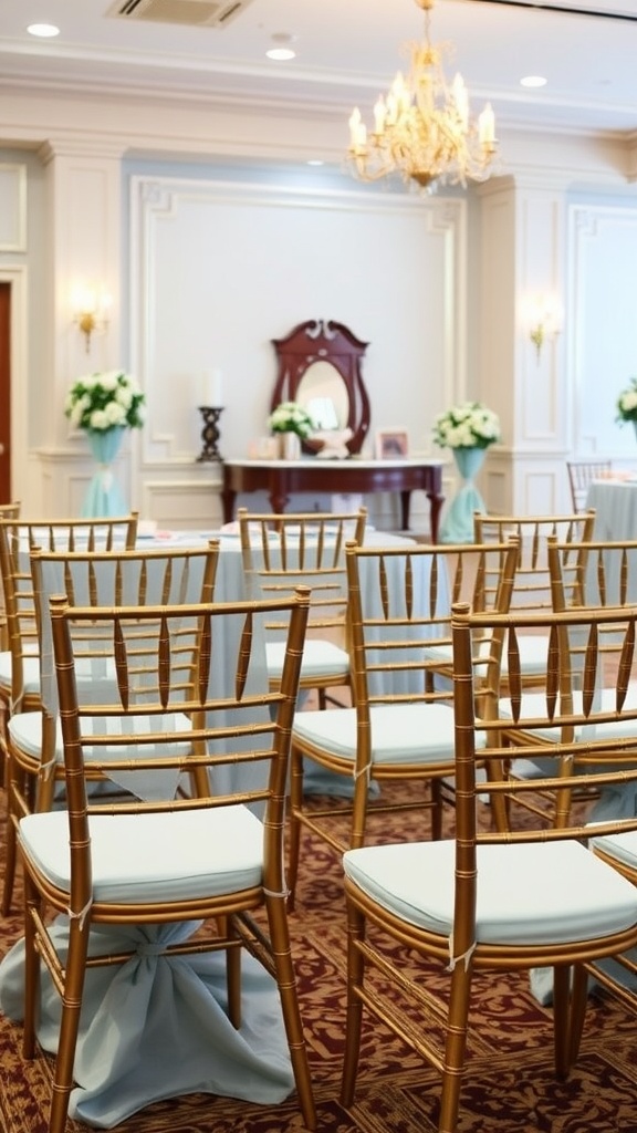 Elegant setup with baby blue chair covers and golden chairs at a bridal shower