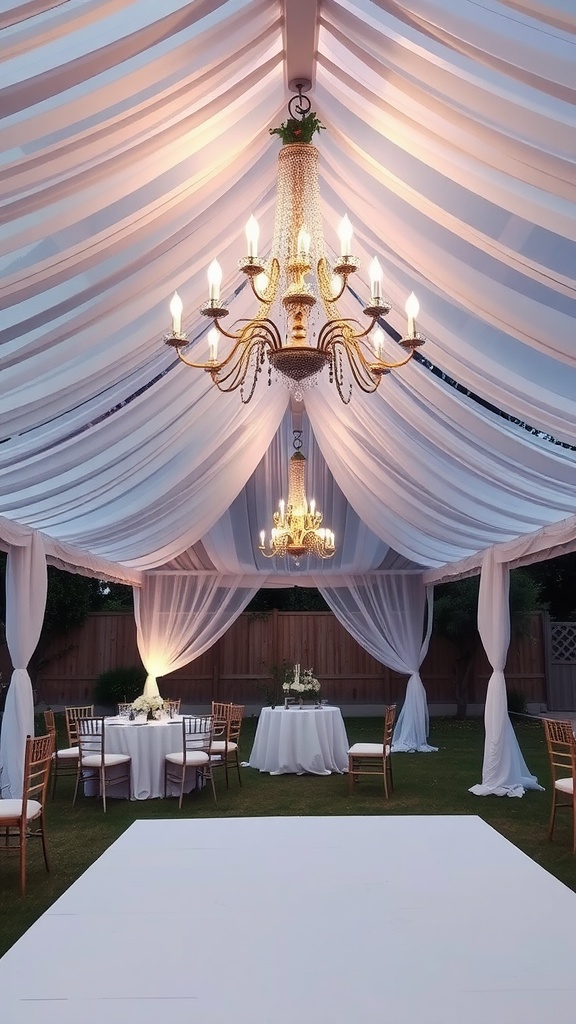 An elegant canopy tent for a wedding reception with a chandelier and decorated tables.