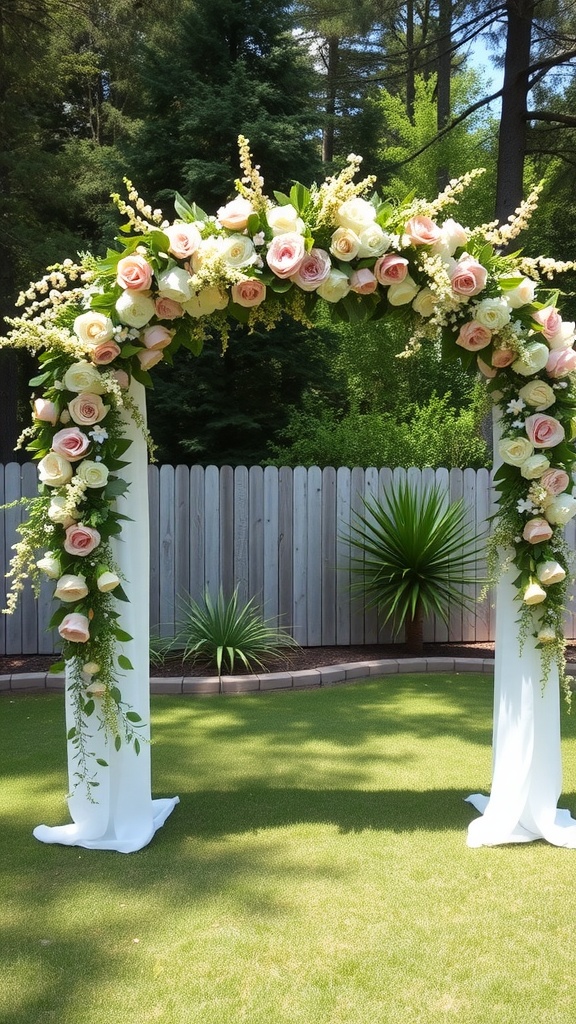 A wedding arch decorated with pink and white roses in a backyard setting.