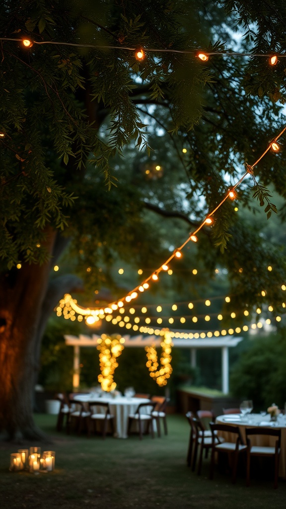 Backyard wedding reception with string lights and candlelit tables