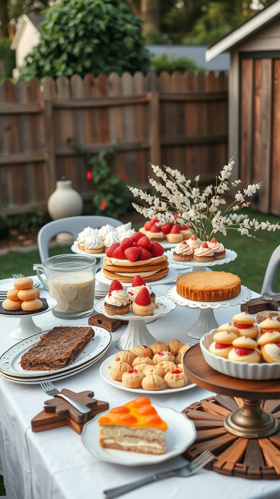 A beautiful assortment of homemade desserts displayed on a table, featuring cakes, cookies, and fresh fruits, set in a backyard wedding setting.