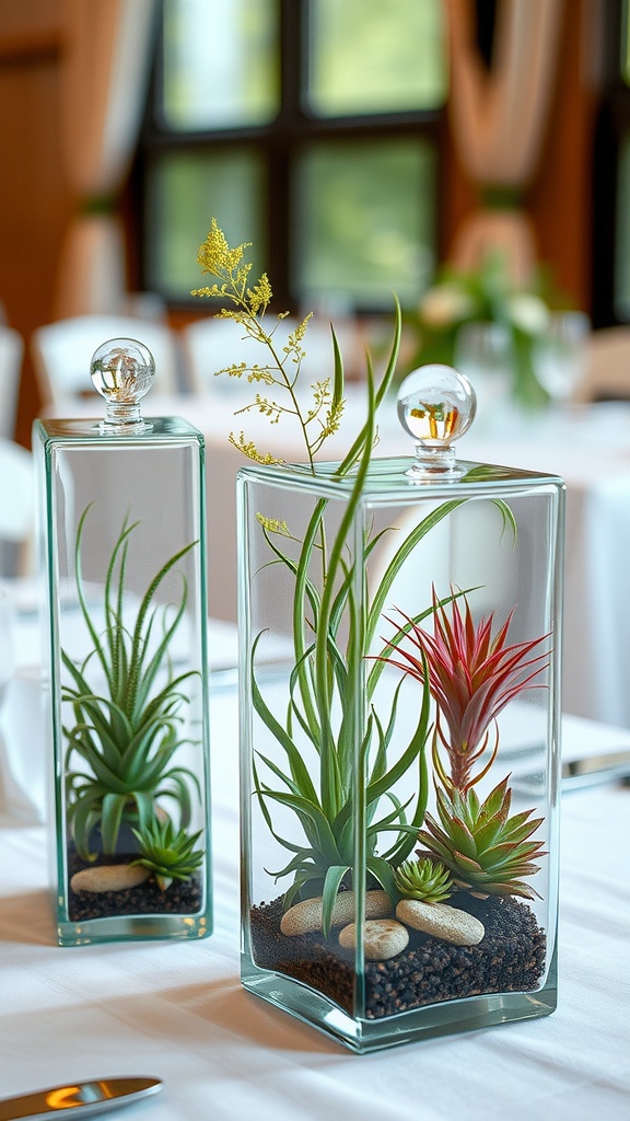 Two glass terrariums with air plants and decorative stones on a wedding table.