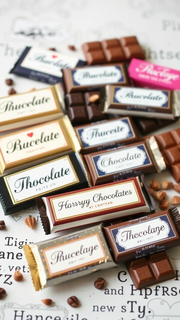 An assortment of gourmet chocolate bars with various labels and designs.
