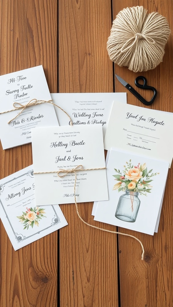 Handmade wedding invitations with floral designs and twine on a wooden table.