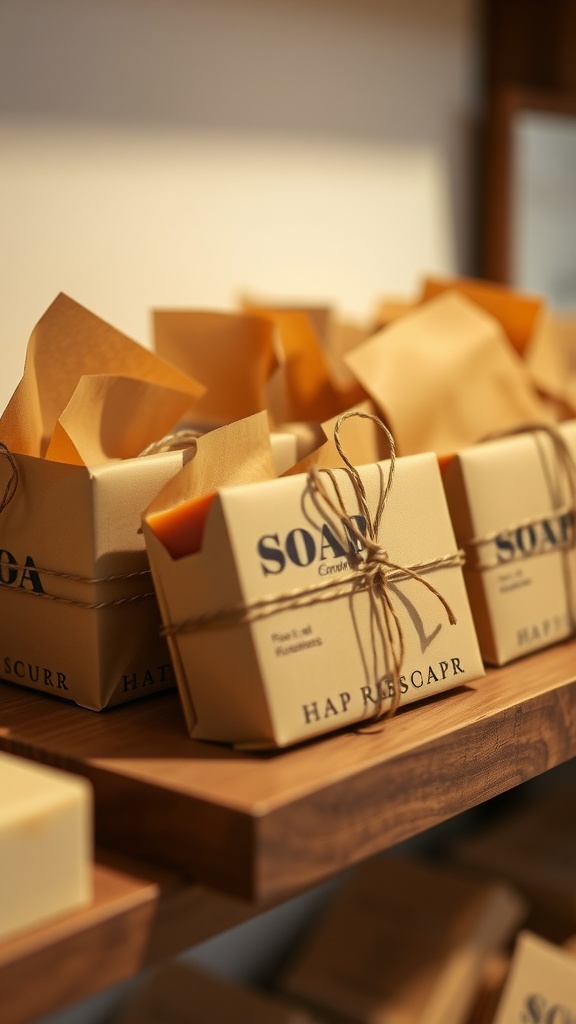 A display of beautifully packaged handmade soap bars on a wooden shelf.