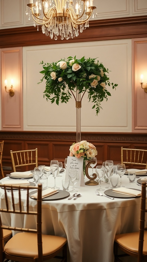 Elegant wedding table decor with flowers and a handwritten quote.