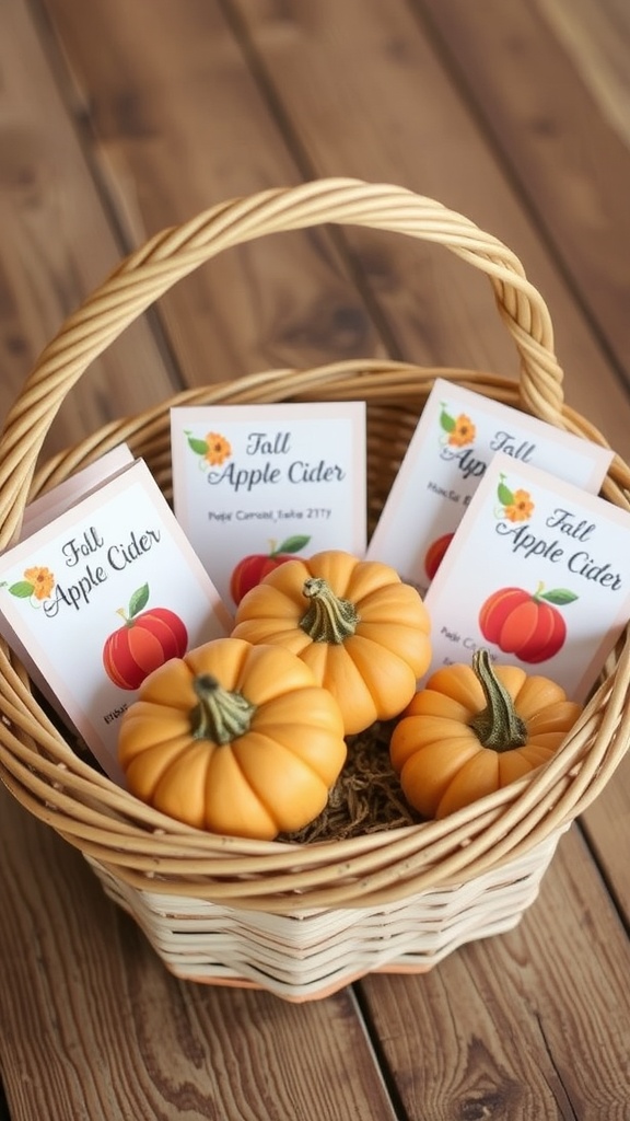 A basket filled with orange pumpkins and apple cider packets, perfect for fall wedding favors.