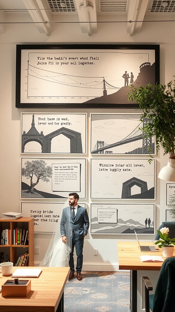 A groom standing in an office setting, holding a wedding veil, surrounded by framed illustrations depicting love stories.
