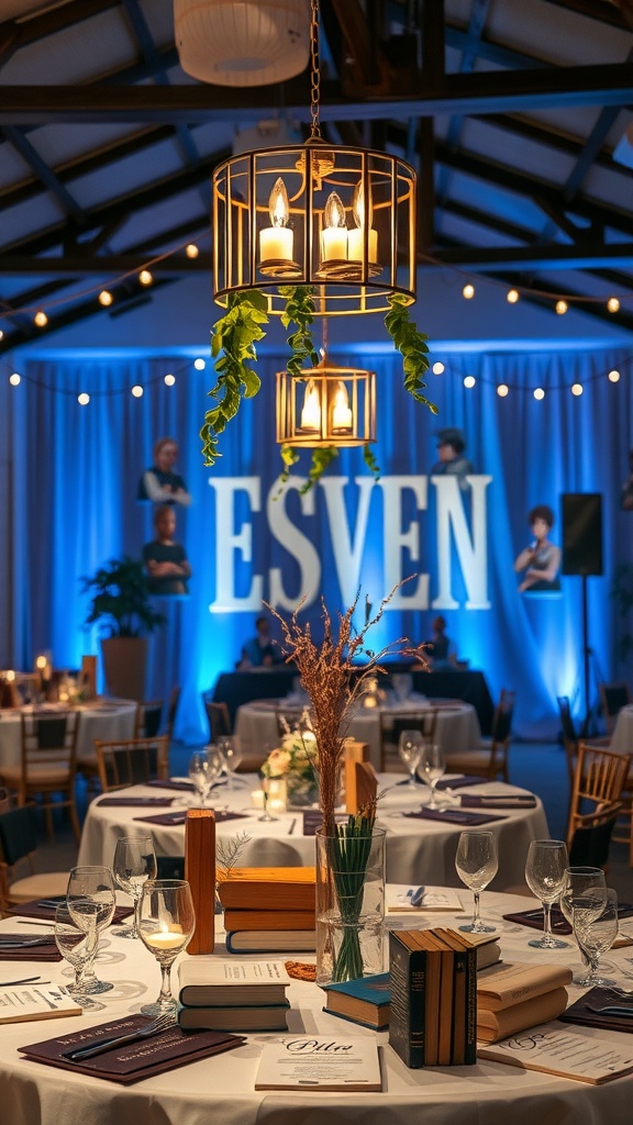 A wedding reception decorated with books as centerpieces and warm lighting.