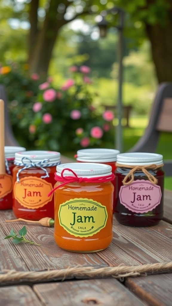 Colorful homemade jam jars displayed on a wooden table in a garden setting.
