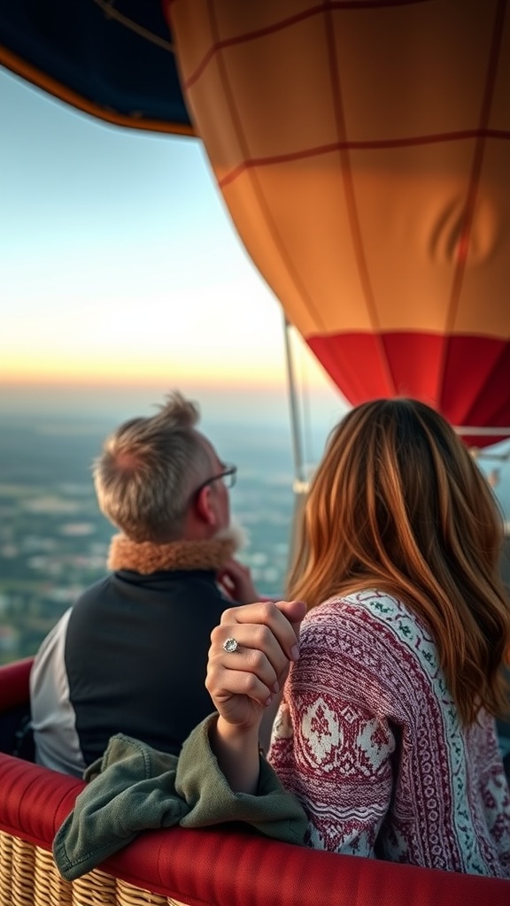 Couple in a hot air balloon, with woman showing an engagement ring