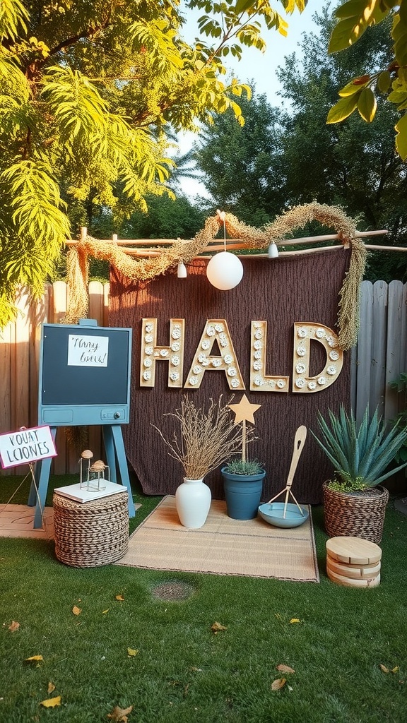 A backyard photo booth setup for a wedding with a fabric backdrop, lights, and natural decor