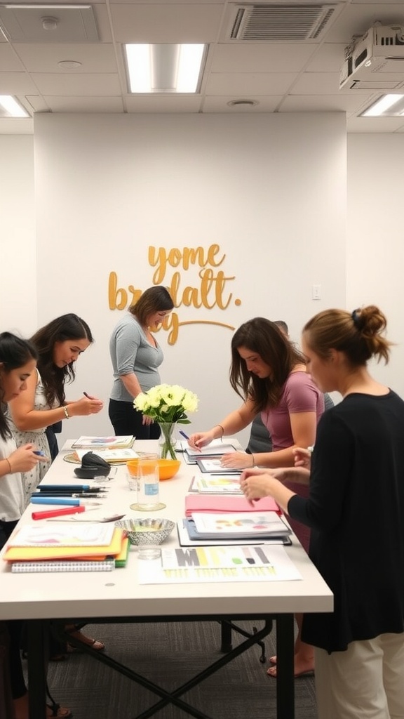 Women participating in a DIY bridal shower activity, surrounded by colorful materials and a floral centerpiece.