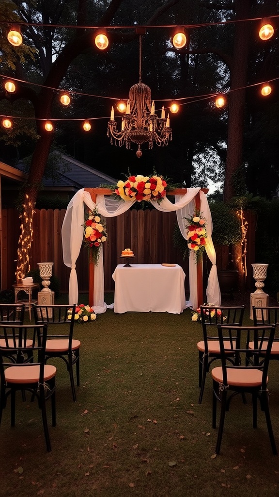 A beautifully decorated backyard wedding setup with an arch, flowers, warm lights, and chairs.