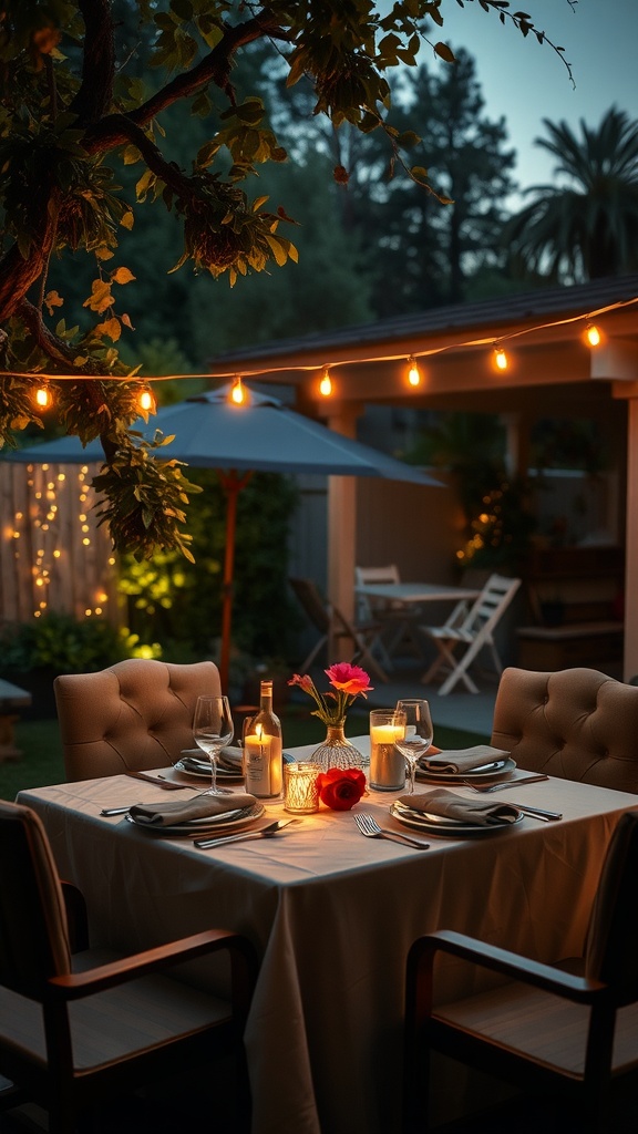A beautifully set dinner table in a backyard illuminated by string lights, featuring flowers, wine, and candles.