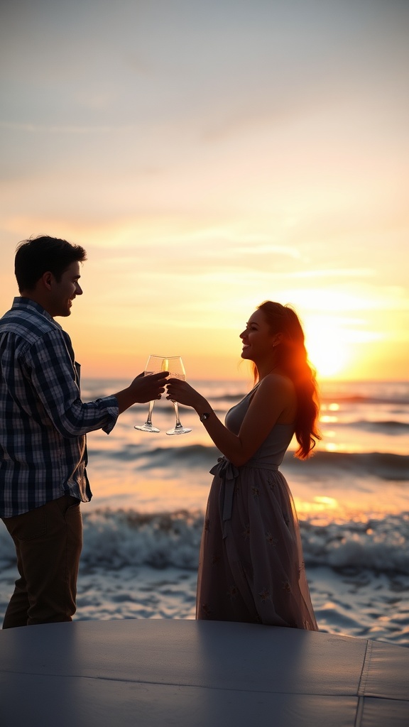 Couple toasting with glasses at sunset on the beach