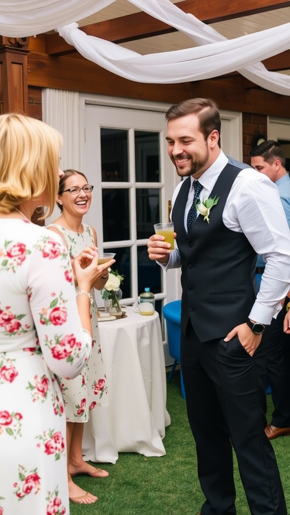 A groom smiling at a bridal shower surrounded by guests.