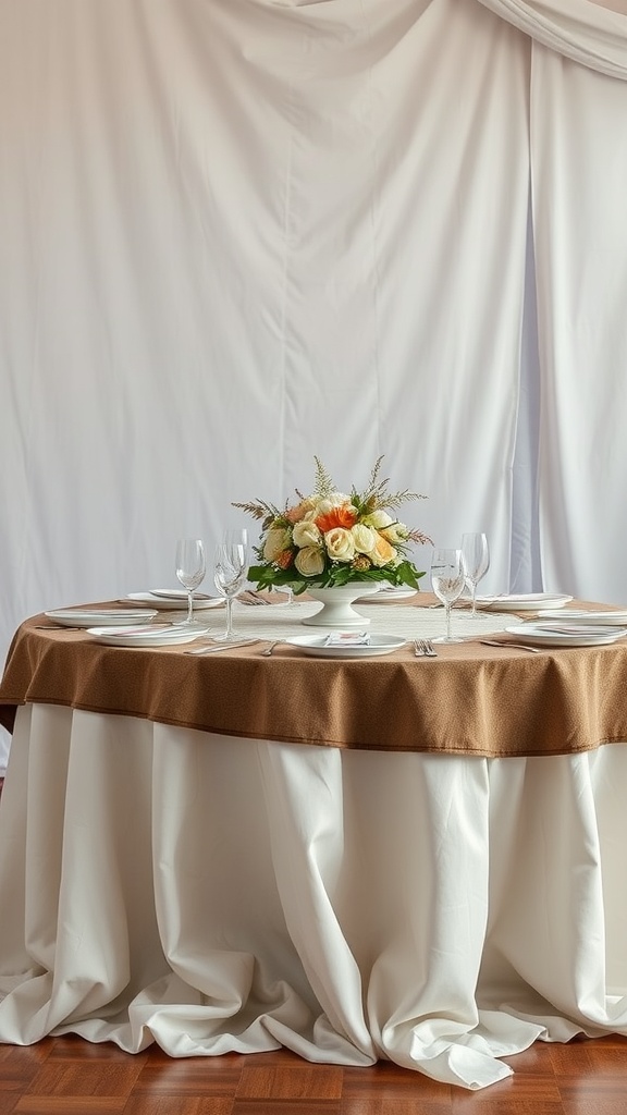 A wedding table decorated with layered textiles featuring a brown top cloth over a white base, adorned with a floral centerpiece.