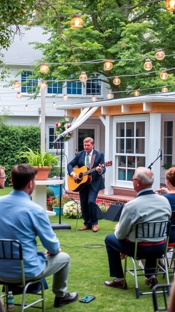 A musician performing live at a backyard wedding reception, surrounded by guests and string lights.