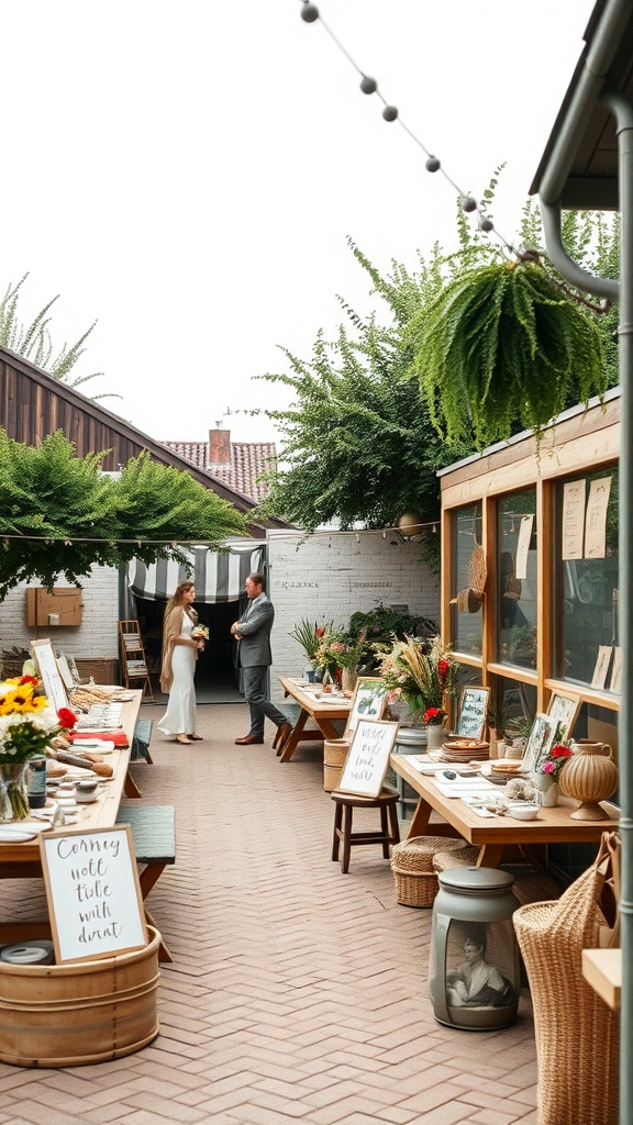 An outdoor wedding reception setup featuring local artisan goods, with two people interacting in a beautiful, decorated space.