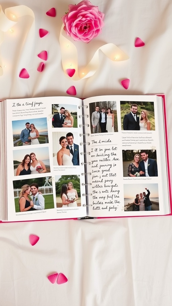 A scrapbook opened to pages with photos and notes, surrounded by rose petals and a pink flower.