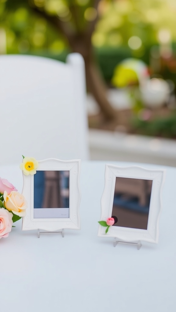 Two mini photo frames with decorative flowers on a table.