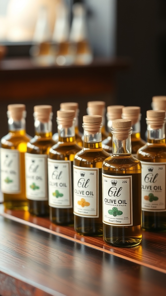 Miniature bottles of olive oil lined up on a wooden surface.
