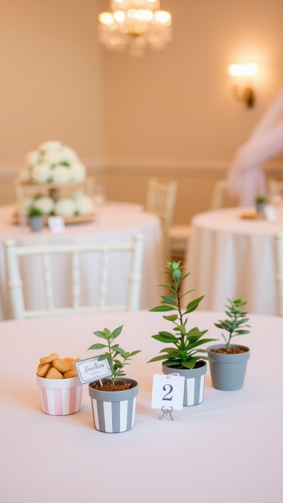 A wedding reception table with minimalist potted plants and cookies as wedding favors.