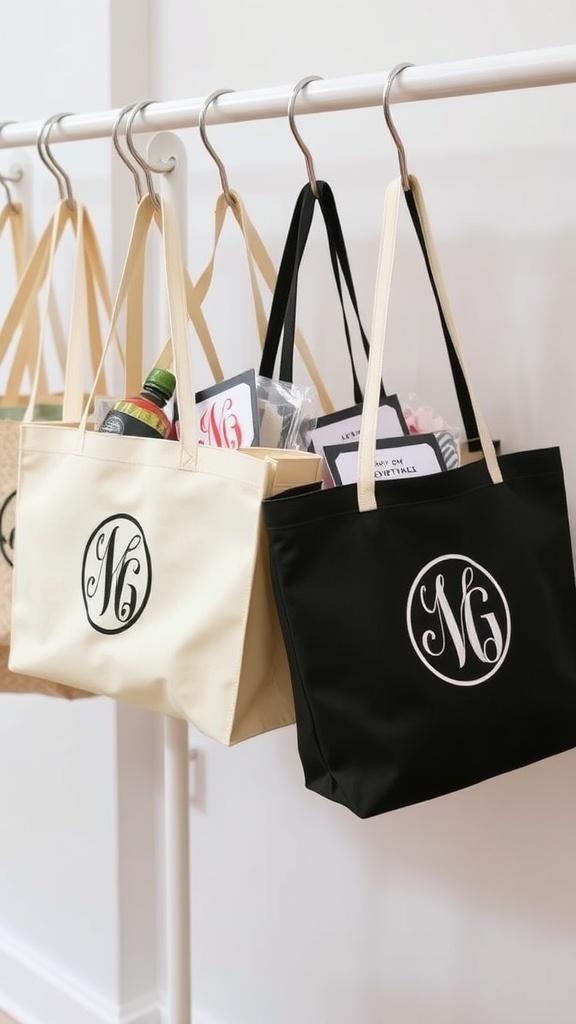 Monogrammed tote bags on display, featuring a mix of colors and designs.
