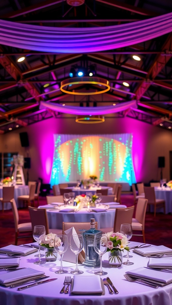 Elegant wedding table setup with colorful uplighting and floral arrangements