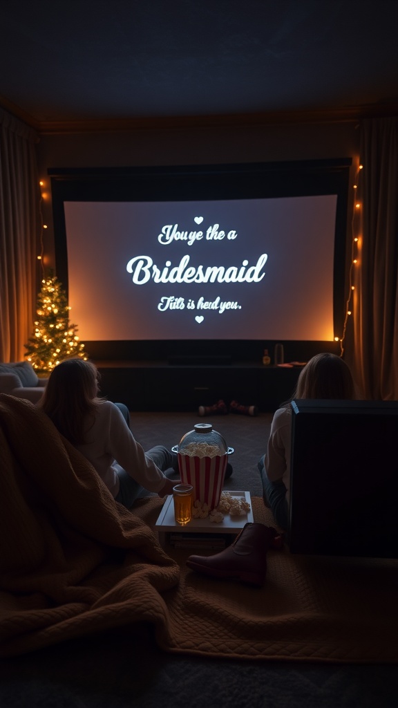 Two people sitting on a couch with popcorn and drinks, watching a movie that says 'You're the a Bridesmaid. This is you.'