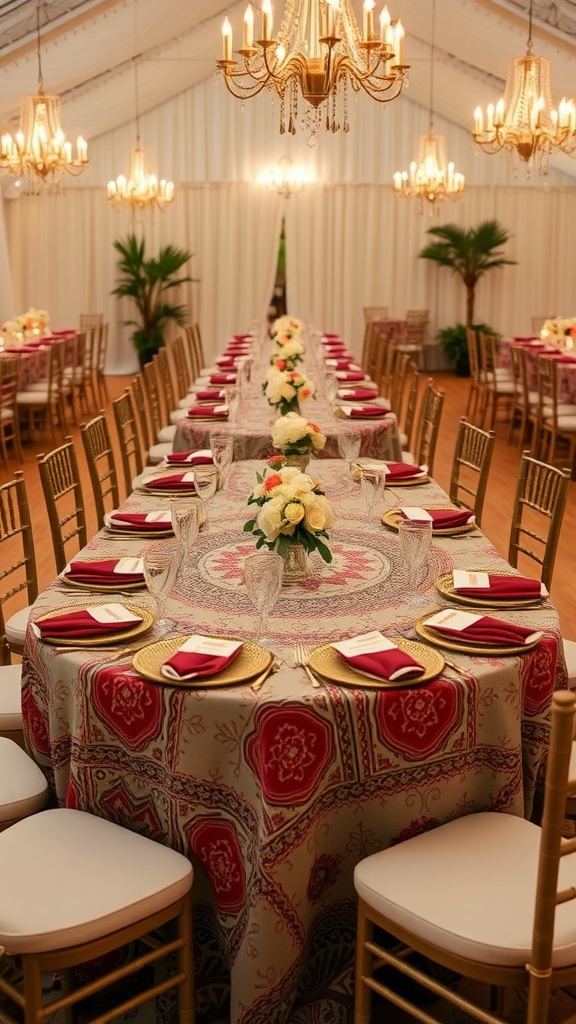 Beautifully set table with mud cloth and elegant dinnerware at a South African traditional wedding.
