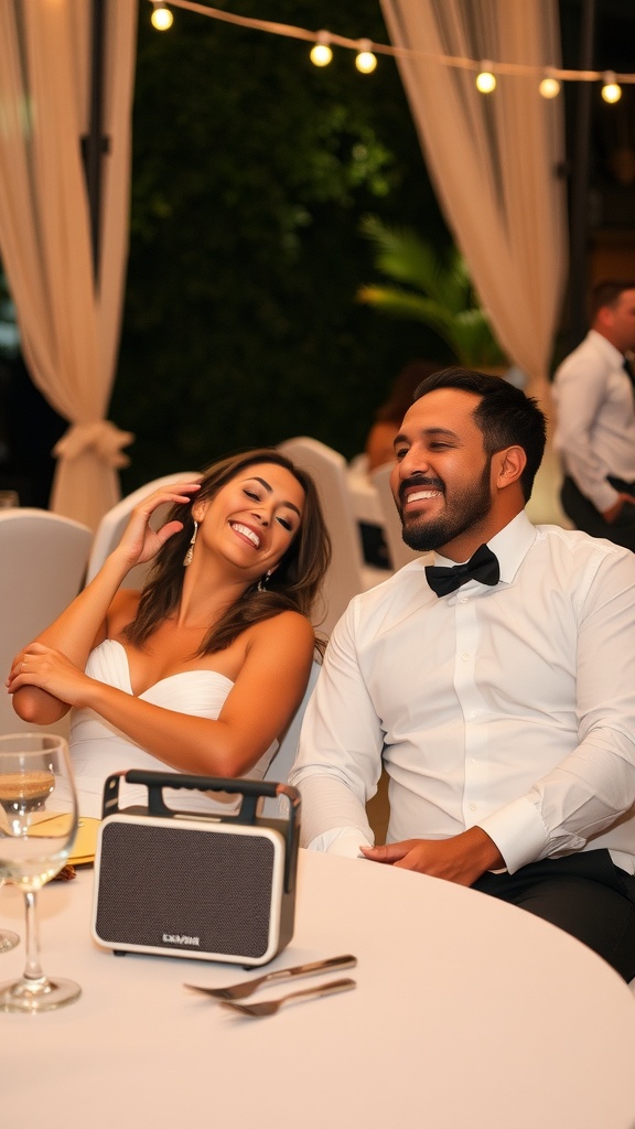 A couple enjoying a wedding reception with a portable speaker on their table.