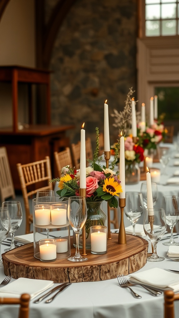 A rustic wedding table featuring natural wood centerpieces with candles and flowers.
